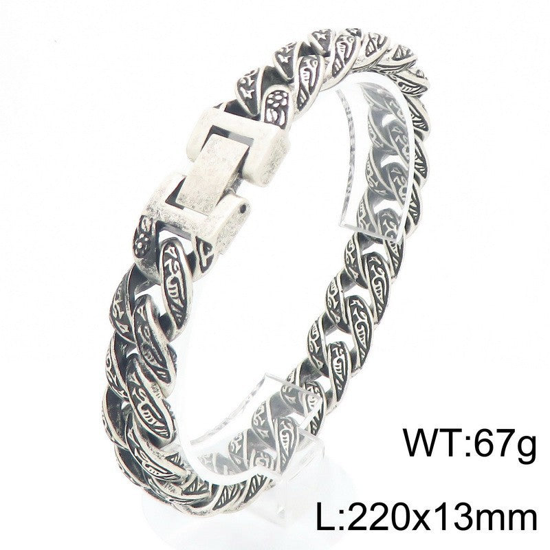 Cast Pattern – Punk Style 13mm Tang Grass Pattern Cuban Chain Titanium Steel Men's Bracelet