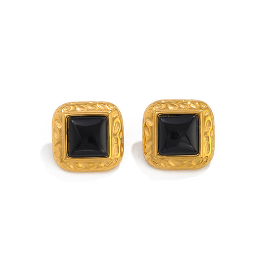 Planderful Vienna Verve Vintage Square Gemstone Earrings Stainless Steel Hammer Pattern Statement For Her