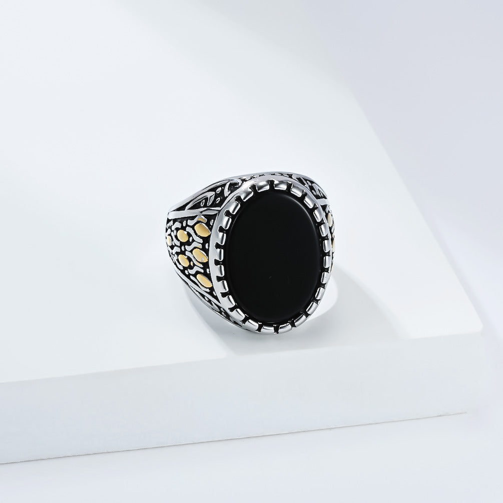 Planderful Mens Titanium Steel Ring With Black Stone Retro Punk Style HighEnd For Men Durable