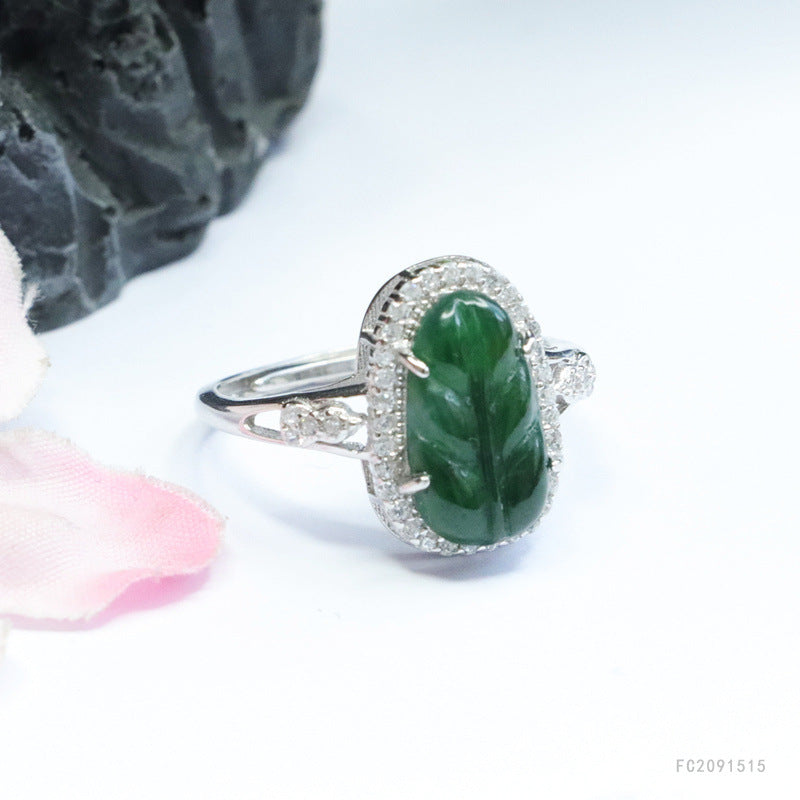 Green Jadeite Leaf Halo 925 Silver Ring