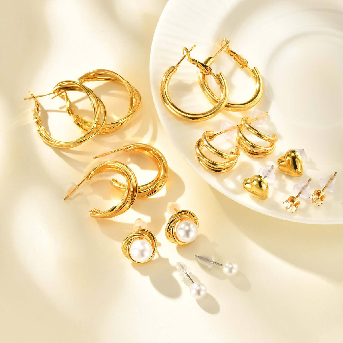 Zircon & Pearl Heart Earring Set — Four Pieces