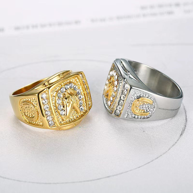 Planderful Gold Plated Zircon Horse Head Hip Hop Ring For Men Unisex Statement Jewelry
