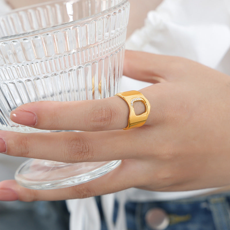 Elegant Hollow Zircon Gold-Plated Ring - Adjustable Titanium Steel Jewelry