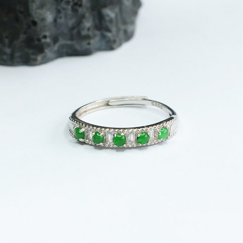 Sterling Silver Adjustable Emperor Green Jade Ring with Row of Five Ice Jade Stones