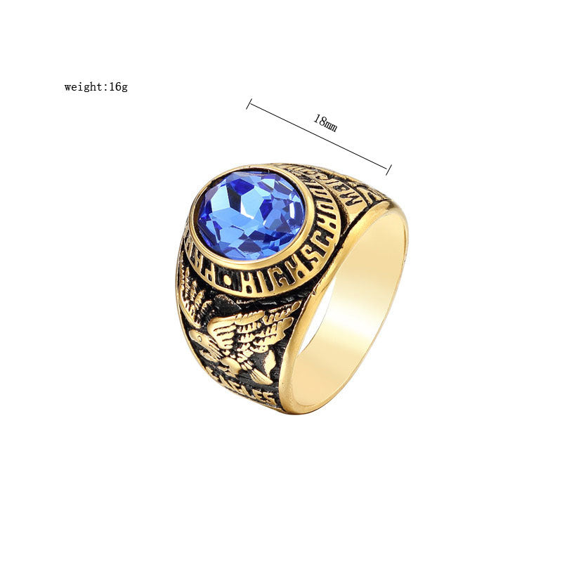 Planderful Eagle Army Ring Stainless Steel With Oval Zircon Unisex Durable Retro Gold Plated Protection