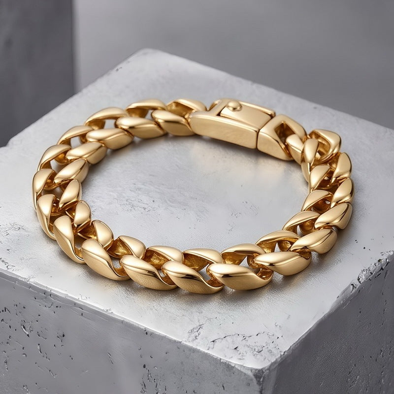Minimalist Polished Bracelet Glossy Cuban Chain Spring Snap Stainless Steel Men's Bracelet