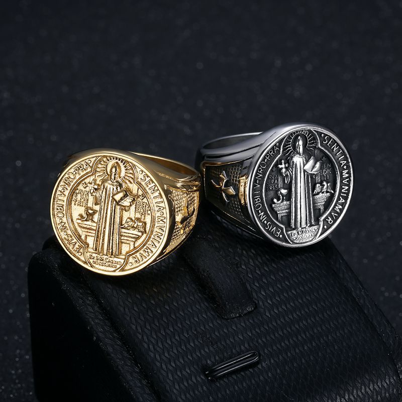 Planderful Saint Benedict Ring For Men Stainless Steel Gold Plated Hip Hop Jewelry Durable Statement