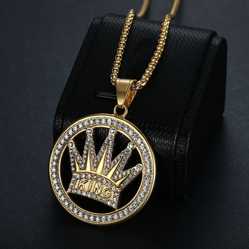 Planderful Hip Hop Crown Pendant Necklace Stainless Steel Gold Plated Rhinestones For Trendsetting Men