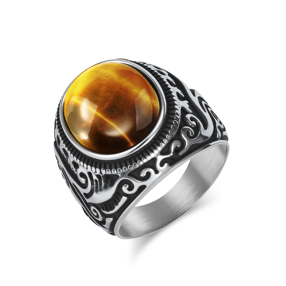 Planderful Mens Titanium Steel Ring With Tiger Eye Gem Retro Engraved Bold Statement Jewelry