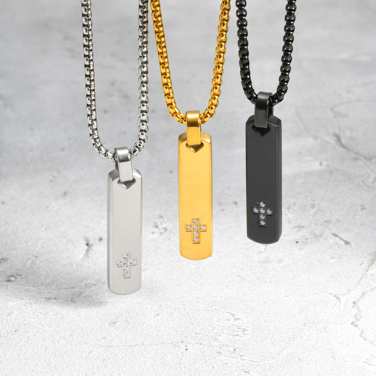 Cross Zircon Geometric Textured Stainless Steel Necklace for Men