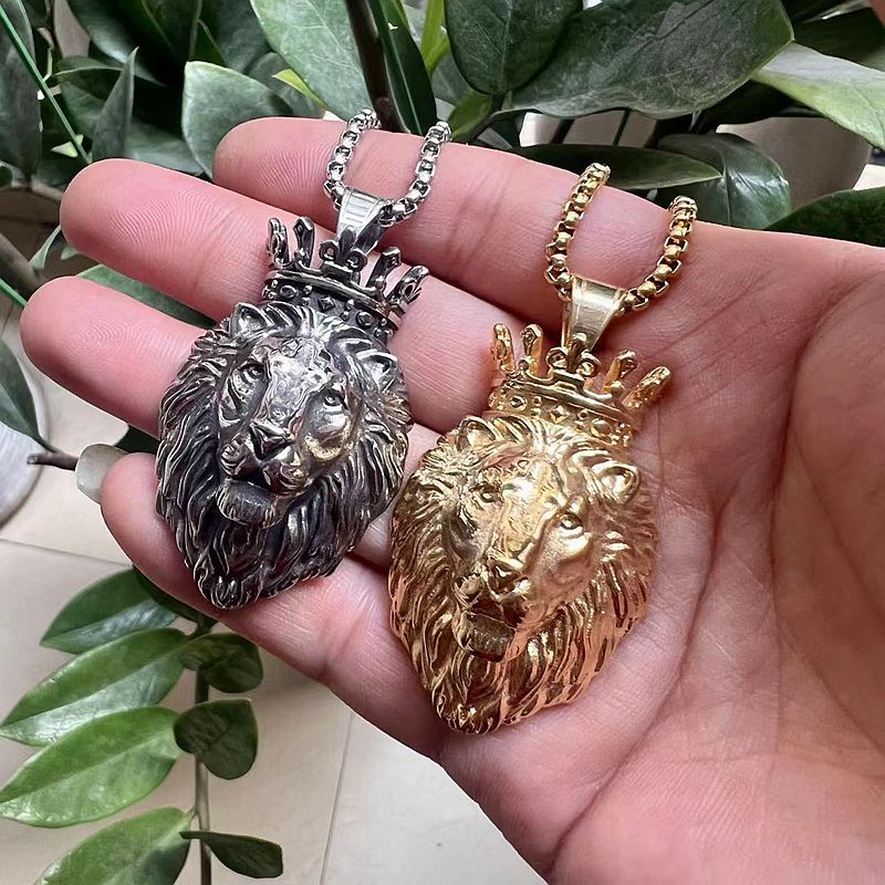 Titanium Steel Lion Head Pendant Necklace By Planderful Bold Gold Plated For Hip Hop Fans