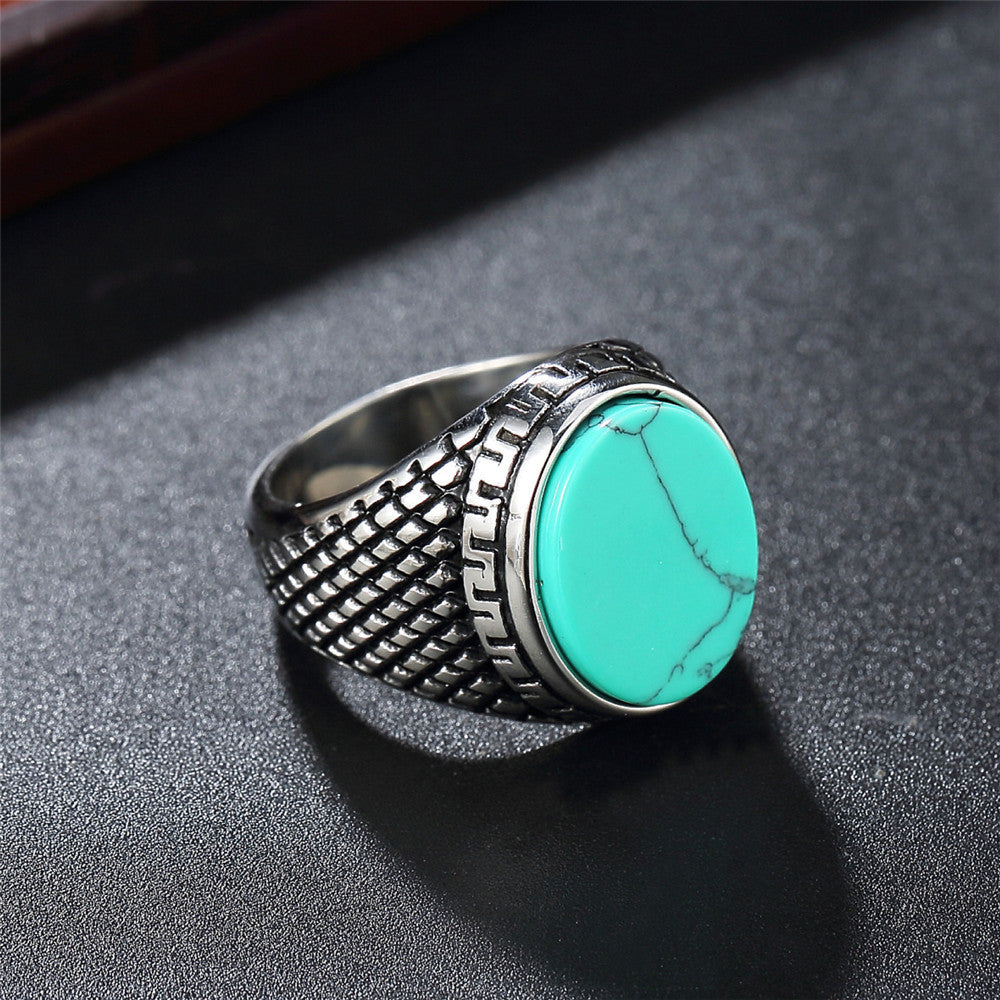 Planderful Unisex Stainless Steel Ring With Round Gemstone Retro European American Design Protection Statement