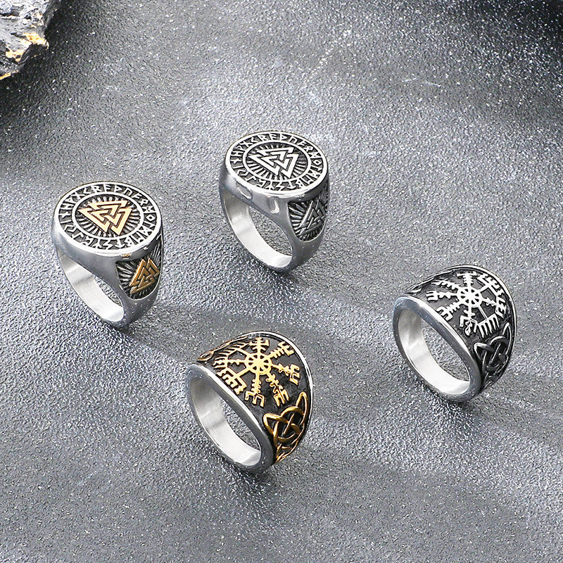 Nordic Pop Celtic Knot Ring, Vintage Viking Smear Oil Compass Rune Stainless Steel