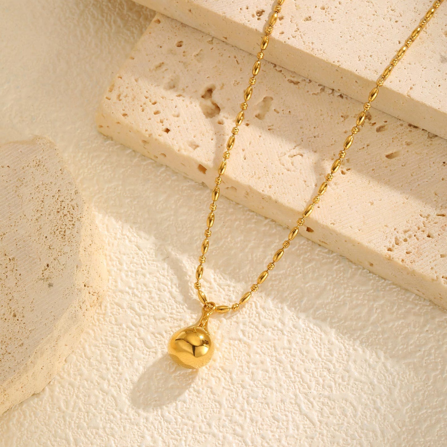 Stainless Steel Rice Bead Separator Chain Water Drop Pendant Necklace Gold Women's