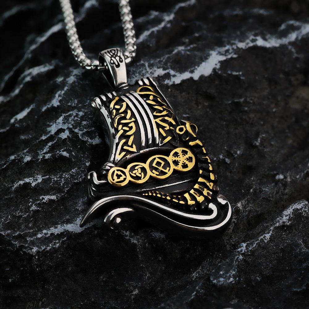 Vintage Stainless Steel Pendant Men's Necklace Viking Ship Rune