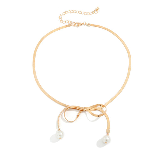 Versatile Tassel Necklace with Metal Bow and Pearl Beading