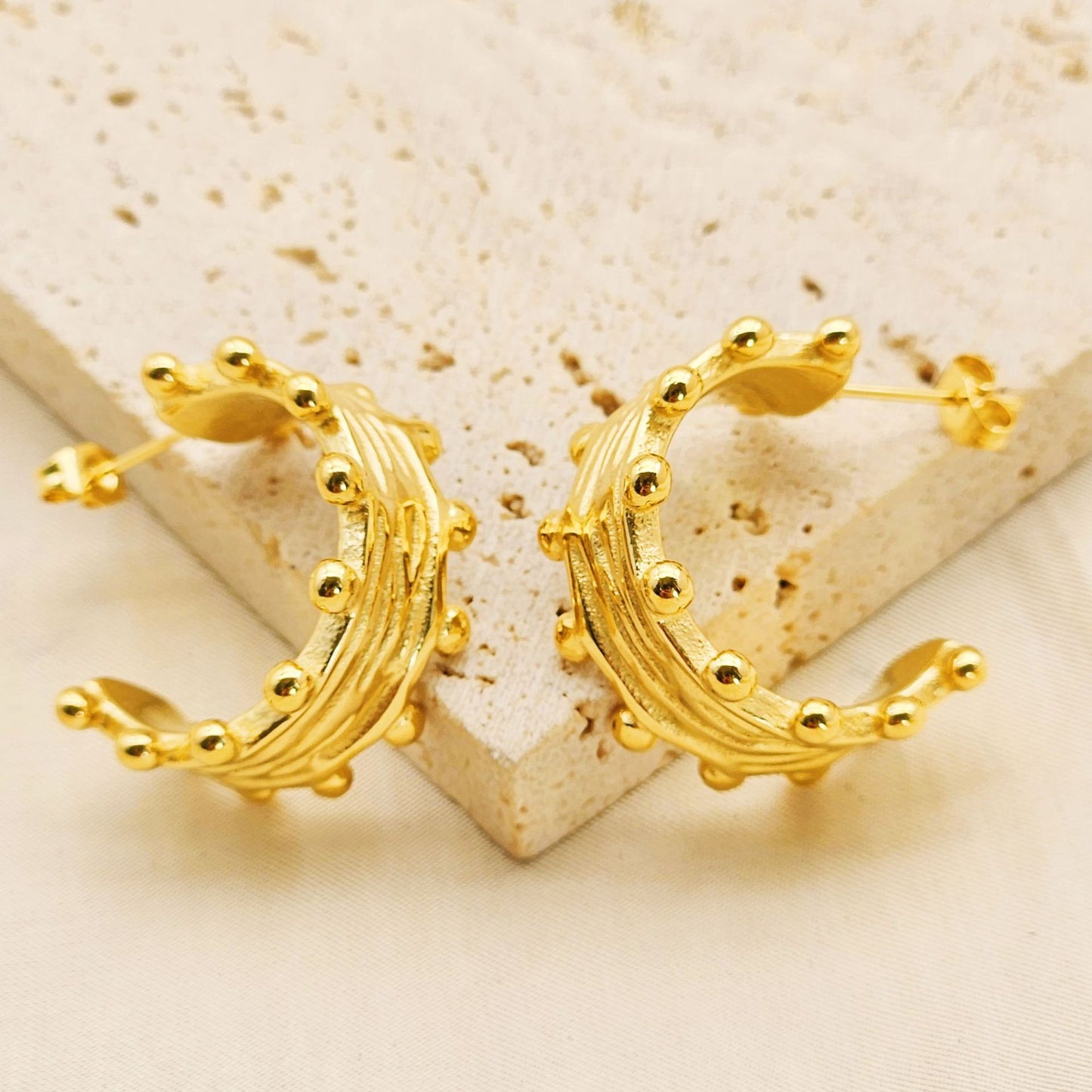 Planderful Gold Plated Stainless Steel Wood Grain C Shaped Pleated Earrings Statement For Women