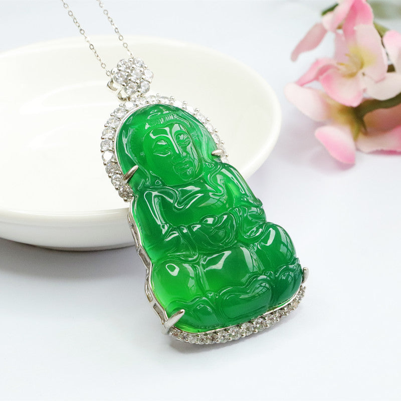 Green Chalcedony Guanyin Pendant Zircon Necklace Jewelry
