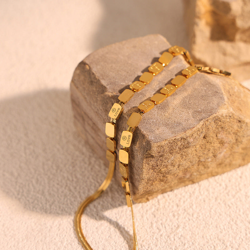 Retro Love Block Chain Necklace with Gold Plating