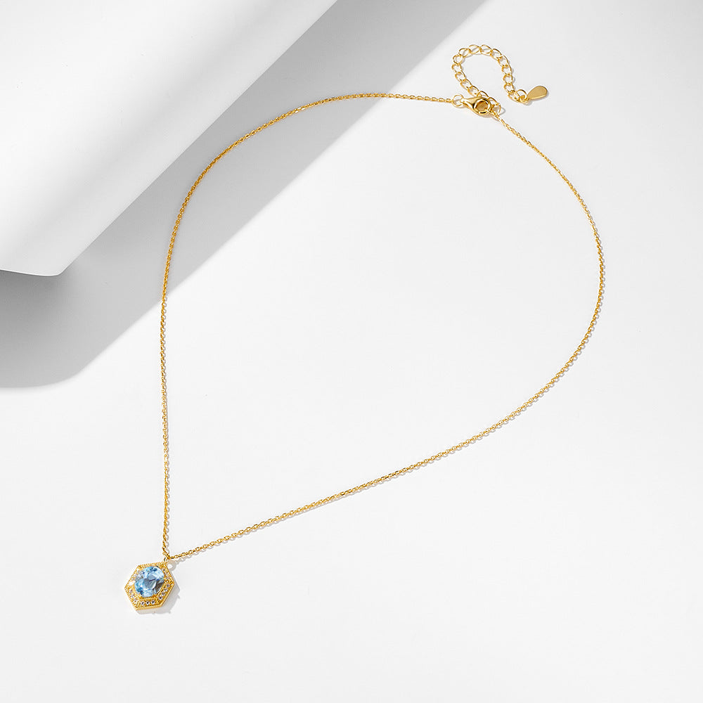 Geometric Retro Natural Sky Blue Topaz Sterling Silver Necklace Sense