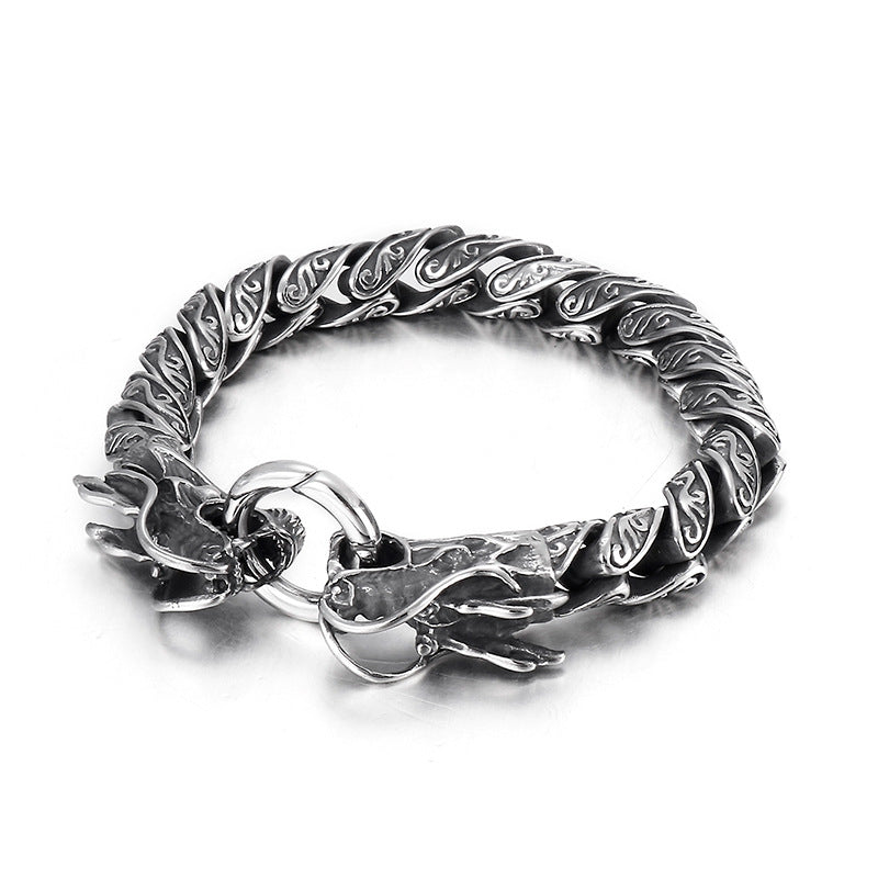 Old Double Dragon Head Men's Titanium Steel Bracelet
