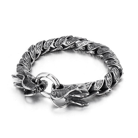 Old Double Dragon Head Men's Titanium Steel Bracelet
