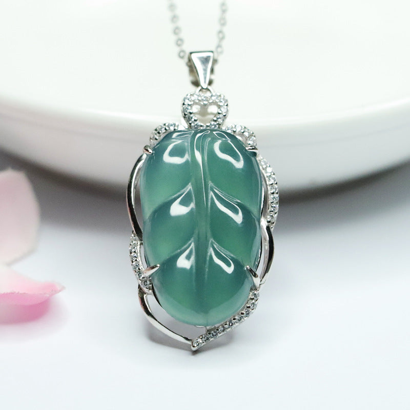 Icy Blue Jadeite Leaf Silver Pendant — No Chain