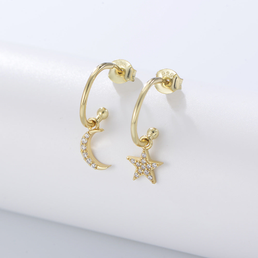 Moon And Stars Asymmetric Stud Earrings, Niche Design Zircon Sterling Silver Earrings