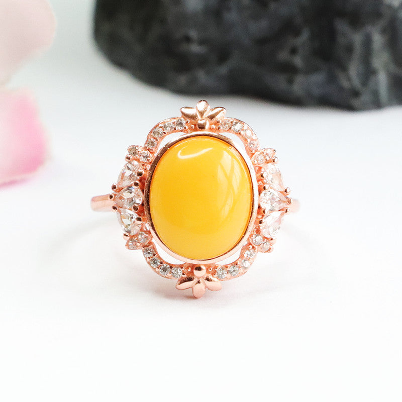 Sterling Silver Adjustable Yellow Beeswax Amber Zircon Ring