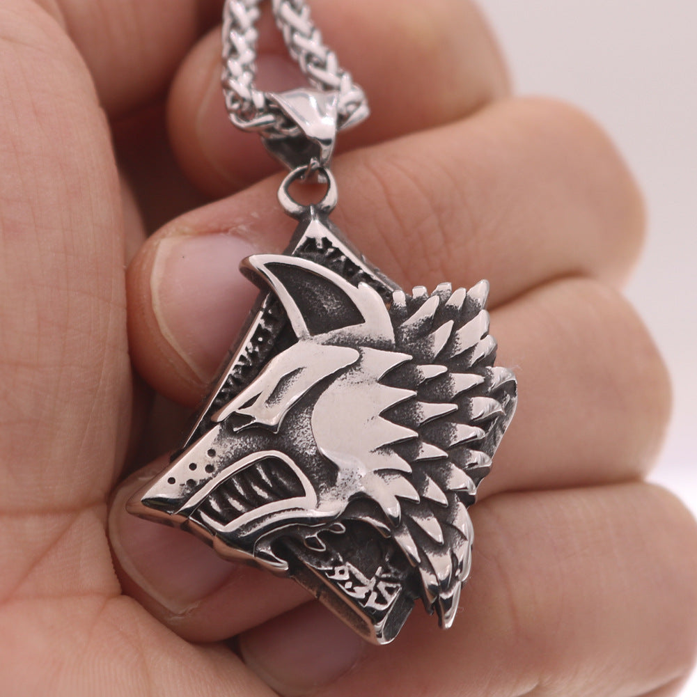 Viking Odin Wolf Head Stainless Steel Pendant Necklace with Titanium Steel Chain