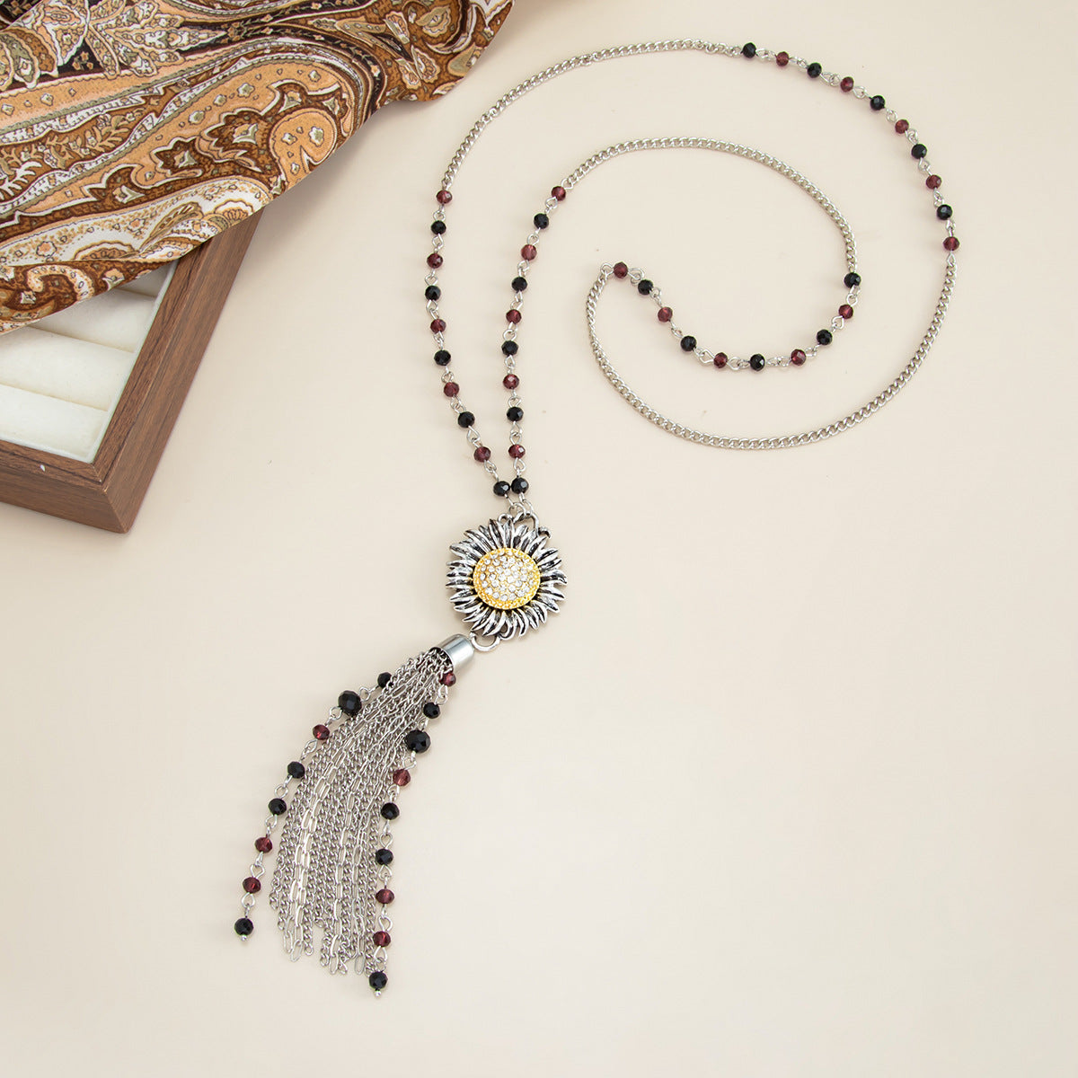 Antique Sunflower Crystal-Style Long Necklace