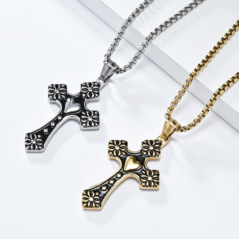 Cross-Border Retro Love-Shaped Cross Necklace Stainless Steel Quality Men's Pendant Wholesale Jewelry
