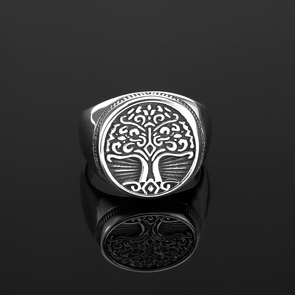 European and American Jewelry Wholesale Men's Titanium Steel Ring Retro Viking Tree of Life Design