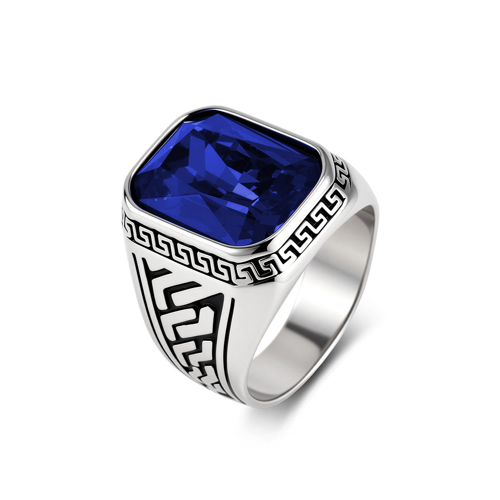 Textured Stainless Steel Gemstone Ring Men's Multi-Color Glass Stone Stainless Steel Index