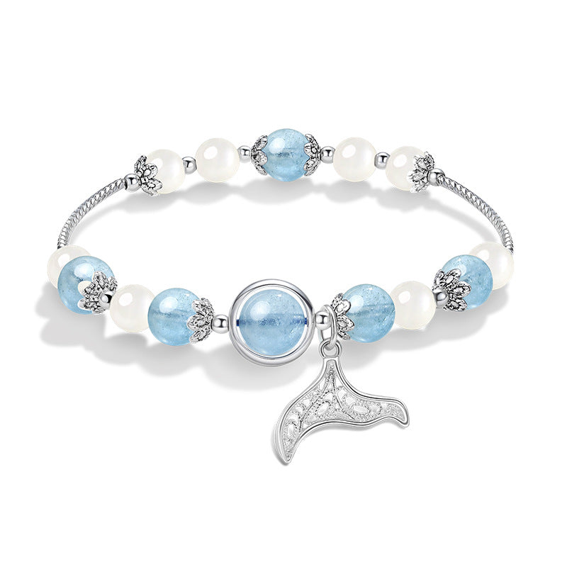Legend of the Mermaid: Sterling Silver Aquamarine Moonstone Obsidian Fishtail Couple Bracelet