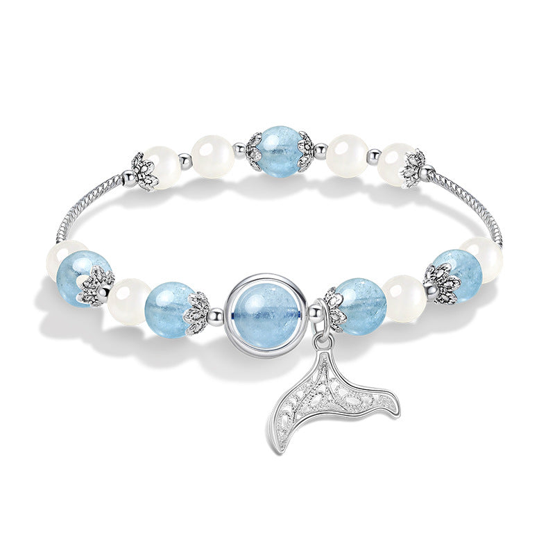 Legend of the Mermaid: Sterling Silver Aquamarine Moonstone Obsidian Fishtail Couple Bracelet