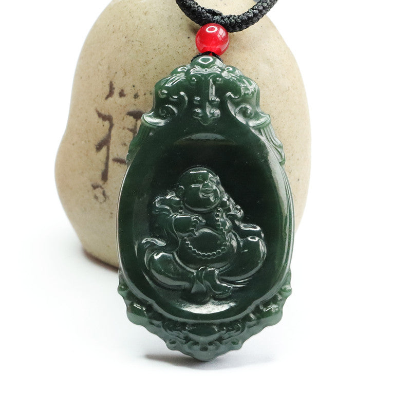 Natural Hotan Jade Jade Pendant Dark Green Oval Buddha Pendant Jewelry