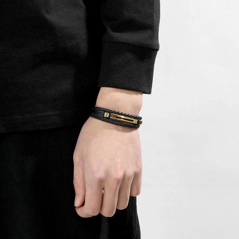 Multi-Layer Leather Rope Bracelet – Black Woven Leather Layered Stainless Steel