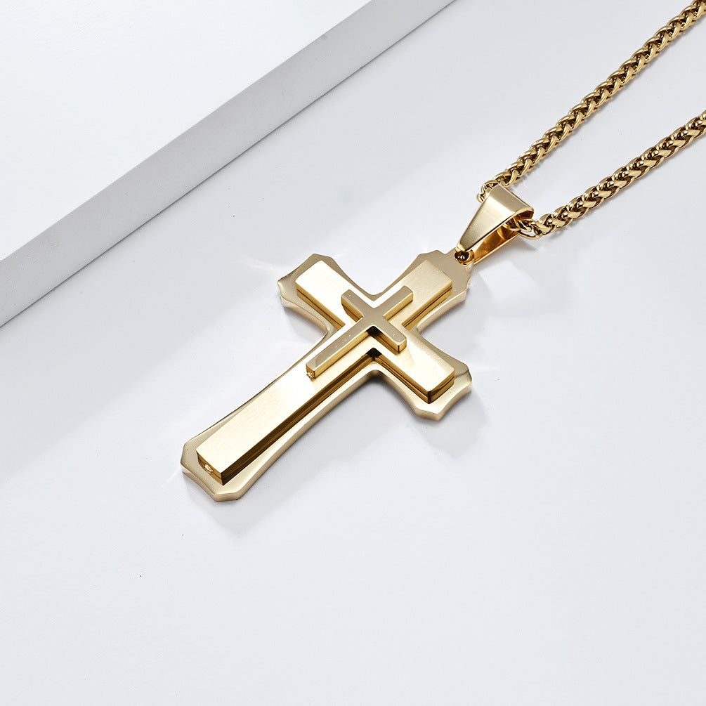 Three-Layer Titanium Steel Cross Pendant Necklace for Men