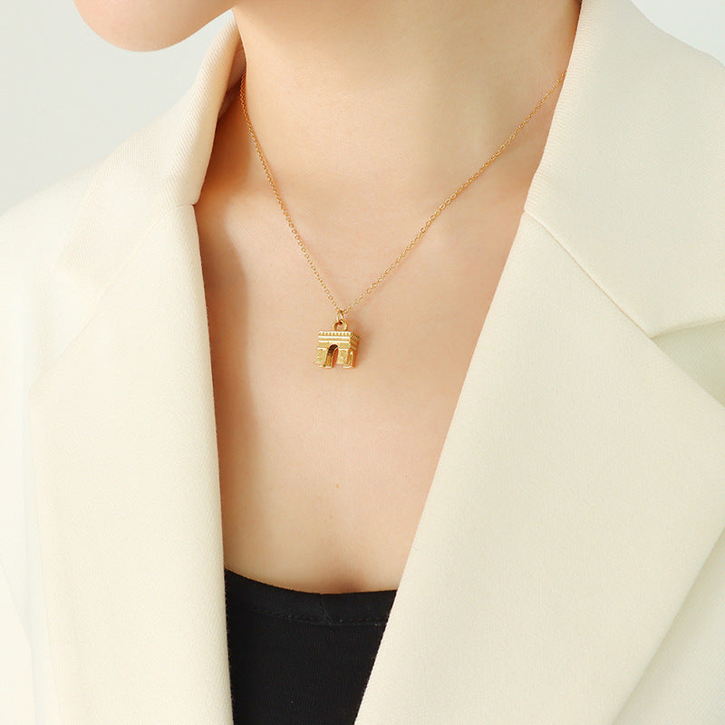 Luxurious Gold Plated Arc de Triomphe Necklace - Elegant Minimalist Collar Chain for Women's Jewelry
