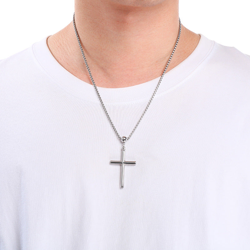 Ball Buckle Necklace, Smooth Cross Pendant Square Pearl Chain Stainless Steel Men's