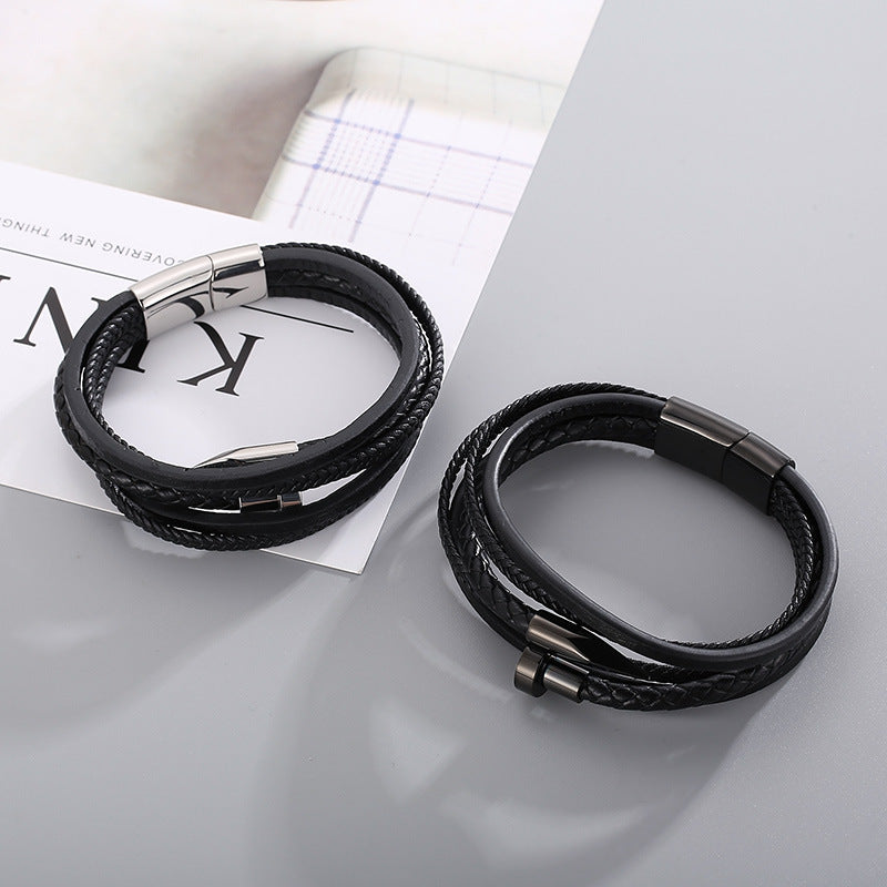 Planderful Leather Rope Bracelet For Men Stainless Steel