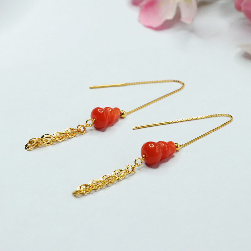 Nanhong Agate Gourd Phoenix-Tail Threader Earrings