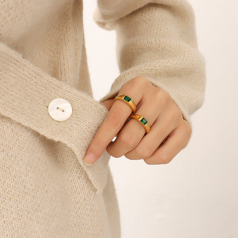 Elegant Titanium Steel Ring with Green Zircon Inlay - 18K Gold Plated