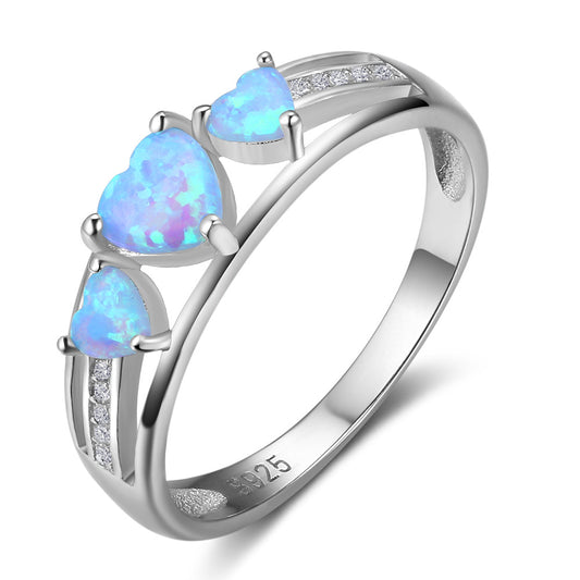 Planderful Jewelry Sterling Silver Opal Ring With Three Hearts Blue Opal Inlay, Elegant Gift