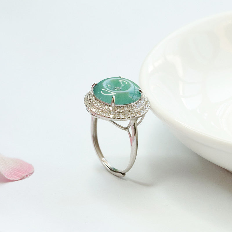 Sterling Silver Adjustable Jade Ring with Double Zircon Halo