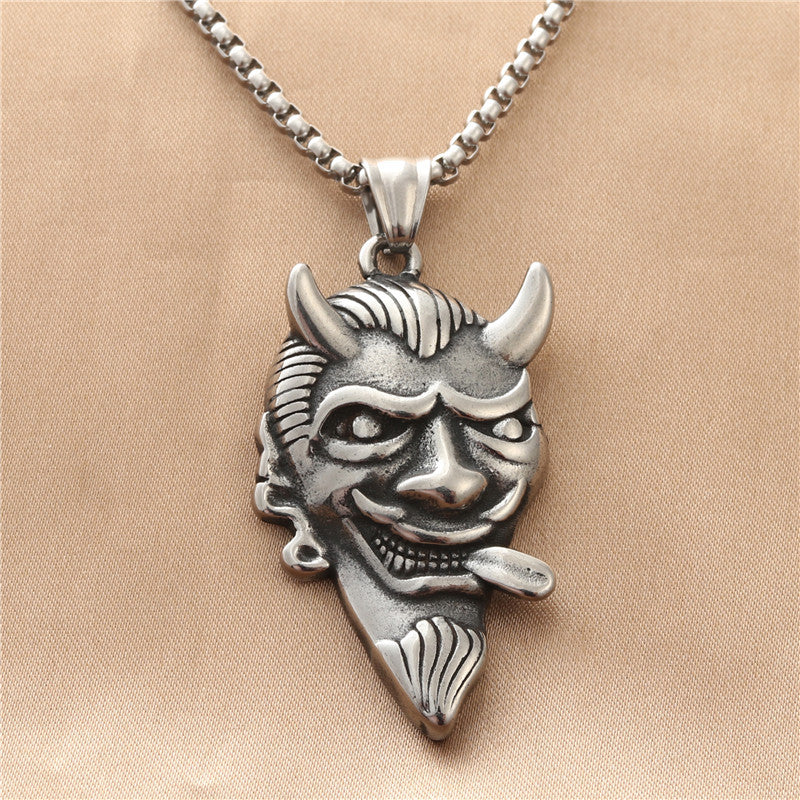 Titanium Steel Bull Demon King Pendant Necklace, Custom Punk Retro Men's Stainless Steel Horned Avatar Jewelry