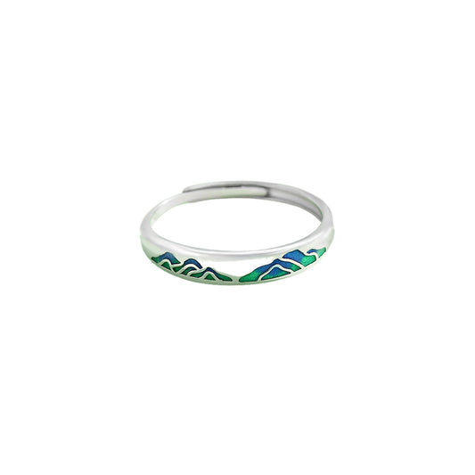 Planderful S925 Sterling Silver Ring For Women Adjustable Retro National Style Light Luxury Green Mountain Theme