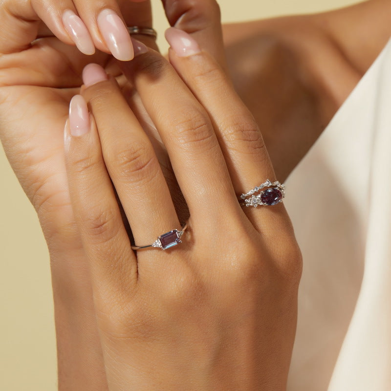 Planderful Jewelry Sterling Silver Alexandrite Ring With Oval Stone And Leaf Zircon Accent