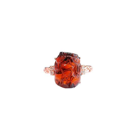 Natural Blood Amber Pixiu Zircon Ring crafted in Sterling Silver